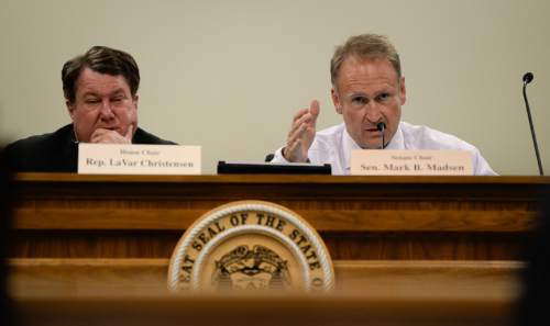 Francisco Kjolseth | The Salt Lake Tribune
Senator Mark Madsen, right, leads the discussion on possible death penalty legislation during a hearing at the Utah Capitol on Wednesday, Oct. 21, 2015. At left is Rep. LaVar Christensen.