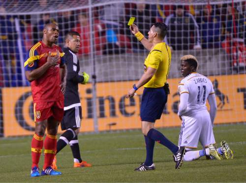 Leah Hogsten  |  The Salt Lake Tribune
Real Salt Lake defender Jamison Olave (4) receives a red card in the second half. Real Salt Lake and LA Galaxy end the game 0-0 during their game at Rio Tinto Stadium, May 6, 2015.