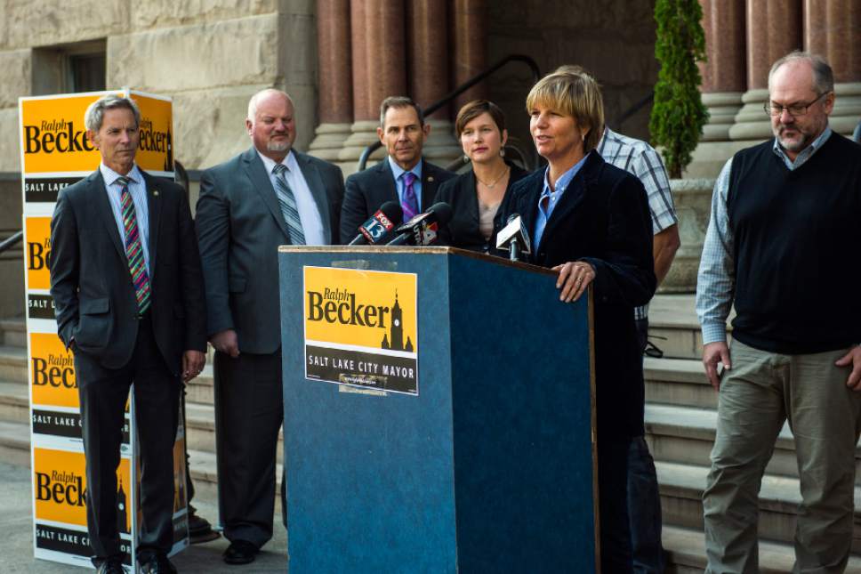 Chris Detrick  |   Tribune file photo
Lisa Adams, Salt Lake City Councilwoman endorsed Mayor Ralph Becker for reelection during a press conference outside of the City and County Building Thursday October 22, 2015. Council members Stan Penfold, right, and Erin Mendenhall, left of Adams, also endorsed Becker, along with Councilman James Rogers, not present in the photo.