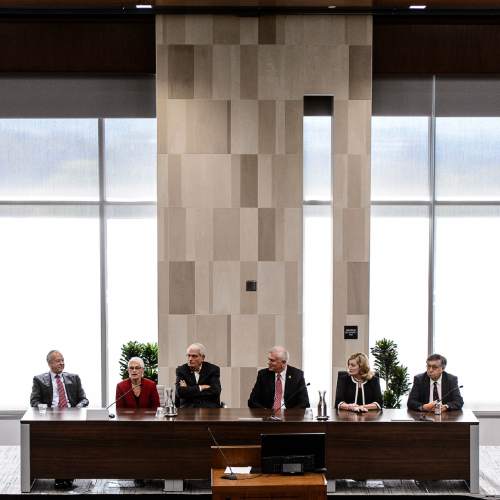 Trent Nelson  |  The Salt Lake Tribune
Judges of the Tenth Circuit Court of Appeals answered the questions of students at the University of Utah law school, Thursday October 22, 2015. Left to right, Timothy M. Tymkovich, Stephanie K. Seymour, David M. Ebel, Scott Matheson Jr.,  Carolyn B. McHugh, and Carlos F. Lucero.