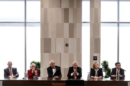 Trent Nelson  |  The Salt Lake Tribune
Judges of the Tenth Circuit Court of Appeals answered the questions of students at the University of Utah law school, Thursday October 22, 2015. Left to right, Timothy M. Tymkovich, Stephanie K. Seymour, David M. Ebel, Scott Matheson Jr.,  Carolyn B. McHugh, and Carlos F. Lucero.