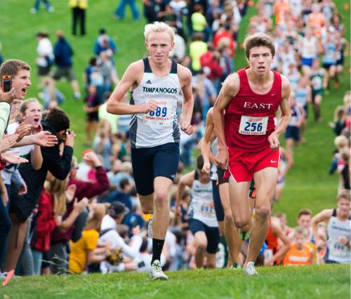 Rick Egan  |  The Salt Lake Tribune

William Handley (889) Timpanogos High, and Garek Bielaczyc, East High (256), lead the filed of runners as they climb the big hill, in the Boys 4A cross country state championship race at Sugarhouse Park, Wednesday, October 21, 2015.