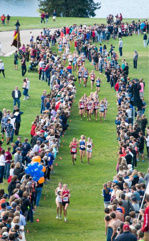 Rick Egan  |  The Salt Lake Tribune

Courtney Wayment, Davis High and McKenna Lee, Weber High lead the race, at the bottoms of the first big hill, in the Girls the 5A cross country state championship race at Sugarhouse Park, Wednesday, October 21, 2015.  Wayment finished first, Lee finished second in the race.