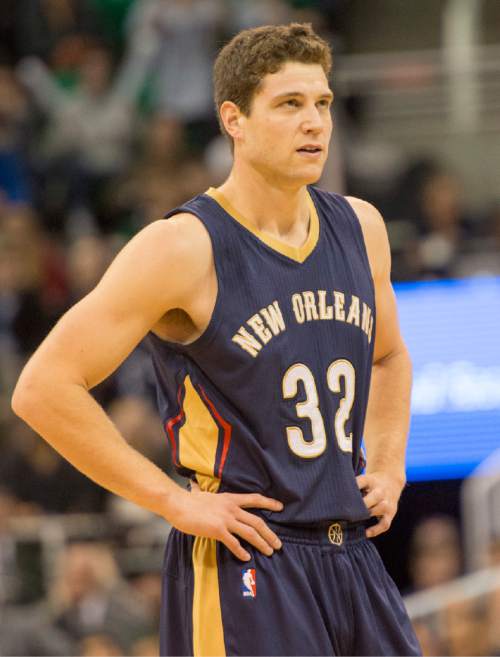Rick Egan  |  The Salt Lake Tribune

New Orleans Pelicans guard Jimmer Fredette (32) pauses during a break in the action, in NBA action, Utah Jazz vs. New Orleans Pelicans at EnergySolutions area, Saturday, November 22, 2014