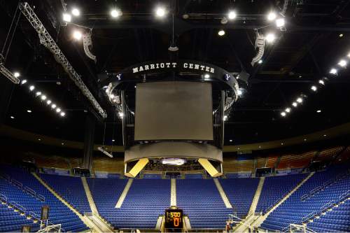 Scott Sommerdorf   |  The Salt Lake Tribune
The new scoreboard and lower bowl blue seats at the Marriott Center, Wednesday, October 14, 2015.