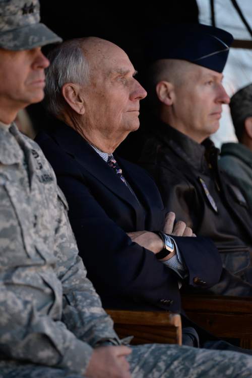 Francisco Kjolseth  |  The Salt Lake Tribune
Former Senator and astronaut Jake Garn attends festivities at the Utah Air National Guard Base east of SLC International that was being renamed for retired Brig. Gen. Roland Wright, who flew the "Mormon Mustang" during World War II.