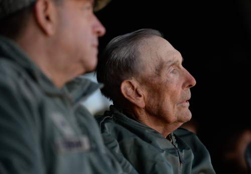 Francisco Kjolseth  |  The Salt Lake Tribune
General David Fountain, left, sits alongside Brig. Gen. Roland Wright, who flew the "Mormon Mustang" during World War II. The Utah Air National Guard Base east of SLC International was renamed for Wright, during a ceremony on Tuesday, Nov. 18, 2014.