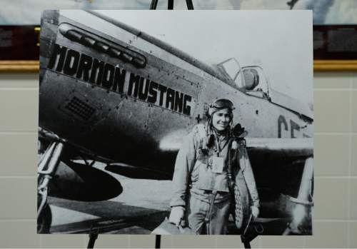 Francisco Kjolseth  |  The Salt Lake Tribune
The Utah Air National Guard Base east of SLC International is renamed for retired Brig. Gen. Roland Wright, who flew the "Mormon Mustang" during World War II, seen here in a historical photograph.