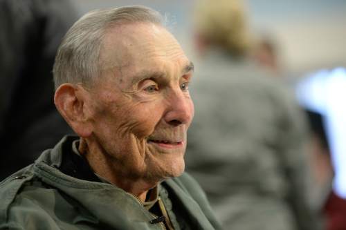 Francisco Kjolseth  |  The Salt Lake Tribune
The Utah Air National Guard Base east of SLC International is renamed for retired Brig. Gen. Roland Wright, who flew the "Mormon Mustang" during World War II, as he gives interviews during the special event on Tuesday, Nov. 18, 2014.