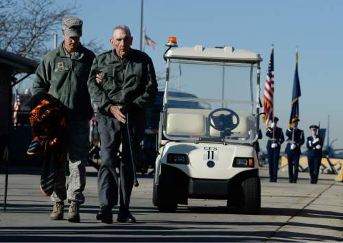 Francisco Kjolseth  |  The Salt Lake Tribune
Retired Brig. Gen. Roland Wright, who flew the "Mormon Mustang" during World War II, arrives at the Utah Air National Guard Base east of SLC International for an unveiling of the renaming of the base in his honor.