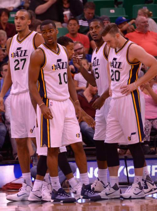 Leah Hogsten  |  The Salt Lake Tribune
Utah Jazz center Rudy Gobert (27), Utah Jazz guard Alec Burks (10), Utah Jazz forward Derrick Favors (15) and Utah Jazz guard Gordon Hayward (20) at the end of the first half. Oklahoma City Thunder lead the Utah Jazz  57-43 at the half, Tuesday, October 20, 2015 at Energy Solutions Arena.