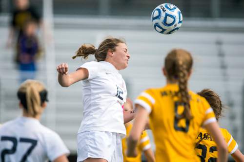 Chris Detrick  |  The Salt Lake Tribune
Skyline's Bella Sorensen (12) heads the ball during the game at Juan Diego Catholic High School Tuesday October 20, 2015.