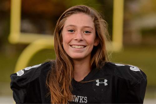 Trent Nelson  |  The Salt Lake Tribune
Jacquelyn Hanks (Alta) is one of 14 girls playing high school football across the state. Wednesday October 21, 2015.