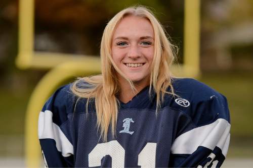 Trent Nelson  |  The Salt Lake Tribune
Abby Pruitt (Layton) is one of 14 girls playing high school football across the state. Wednesday October 21, 2015.