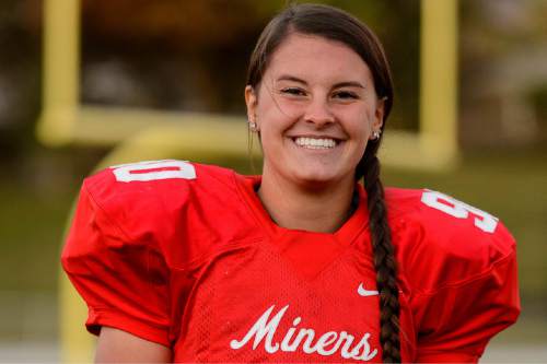 Trent Nelson  |  The Salt Lake Tribune
Morgan Lukrich (Park City) is one of 14 girls playing high school football across the state. Wednesday October 21, 2015.