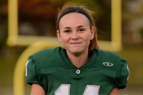 Trent Nelson  |  The Salt Lake Tribune
Ashley Denning (Olympus) is one of 14 girls playing high school football across the state. Wednesday October 21, 2015.