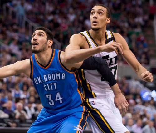 Lennie Mahler  |  The Salt Lake Tribune

Enes Kanter and Rudy Gobert battle for a rebound in the first half of a game between the Utah Jazz and Oklahoma City Thunder at EnergySolutions Arena on Saturday, March 28, 2015.