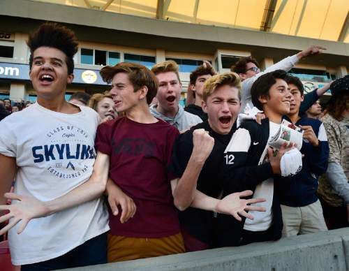 Scott Sommerdorf   |  The Salt Lake Tribune
Skyline fans celebrate after the Eagles beat Timpanogos 3-1 for the girl's 4A soccer title 3-1 played at Rio Tinto stadium, Friday, October 23, 2015.