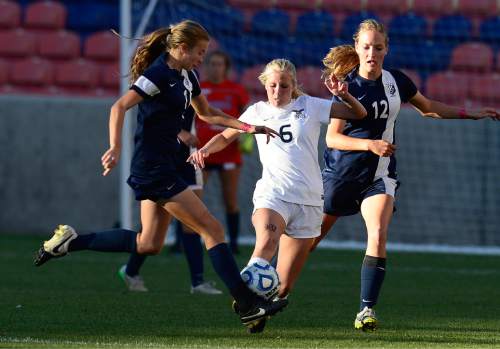 Scott Sommerdorf   |  The Salt Lake Tribune
Skyline's Katike Church battles for the ball during first half play. Skyline beat Timpanogos 3-1 for the girl's 4A soccer title 3-1 played at Rio Tinto stadium, Friday, October 23, 2015.