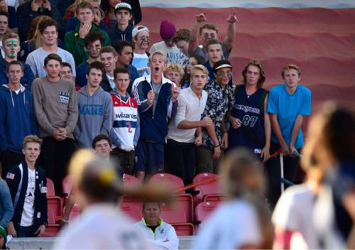 Scott Sommerdorf   |  The Salt Lake Tribune
Timanogos fans watch the action as Skyline beat Timpanogos 3-1 for the girl's 4A soccer title 3-1 played at Rio Tinto stadium, Friday, October 23, 2015.