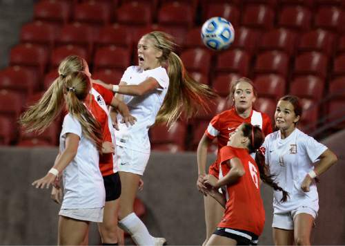 Scott Sommerdorf   |  The Salt Lake Tribune
Davis' Mikayla Colohan heads the ball during second half play. Davis beat Weber 1-0 for the girl's 5A title at Rio Tinto stadium, Friday, October 23, 2015.