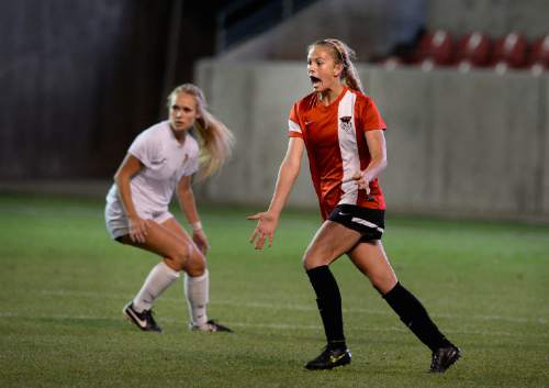 Scott Sommerdorf   |  The Salt Lake Tribune
Weber's Ellie Maughan screams for the ball as Weber desperately tries to get the equalizing goal during second half play. Davis beat Weber 1-0 for the girl's 5A title at Rio Tinto stadium, Friday, October 23, 2015.