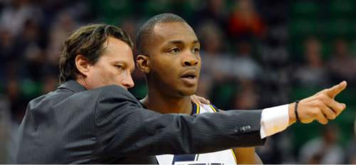 Steve Griffin  |  The Salt Lake Tribune

Utah Jazz head coach Quin Snyder talks with Utah Jazz guard Elijah Millsap (13) during the Utah Jazz versus the Portland Trailblazers preseason NBA basketball game at EnergySolutions Arena in Salt Lake City, Monday, October 12, 2015.