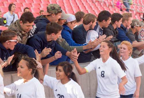 Rick Egan  |  The Salt Lake Tribune

The Millard Eagles high-five their fans, as they celebrate their 1-0 win over the Maeser Prep Lions, in the 2A girls soccer state title game at Rio Tinto Stadium, Saturday, October 24, 2015.