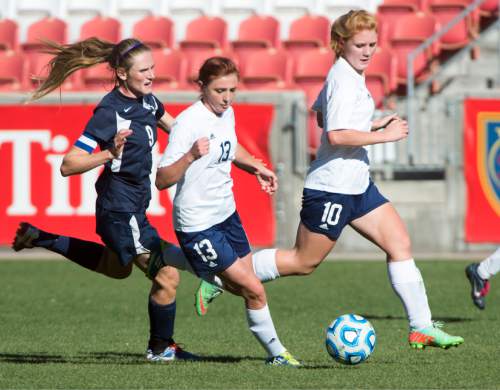 Rick Egan  |  The Salt Lake Tribune

Maeser Prep Lions Nikenzie Faber (9) , goes for the ball along with Millard's Madison Oliver (13) and Danielle Whitaker (10) in the 2A girls soccer state title game at Rio Tinto Stadium, Saturday, October 24, 2015.