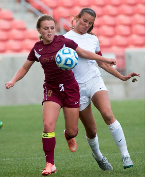 Rick Egan  |  The Salt Lake Tribune

Cedar Redmen's Whitney Yardley (8) goes for the ball, along with Logan Grizzlies Demi Lopez (10), in the 3A girls soccer state title game at Rio Tinto Stadium, Saturday, October 24, 2015.