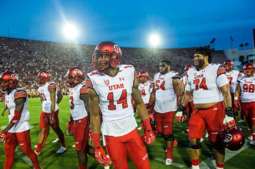 Chris Detrick  |  The Salt Lake Tribune
Utah Utes defensive back Brian Allen (14) and his teammates wait to leave the field at halftime during the game at the Los Angeles Memorial Coliseum Saturday October 24, 2015.