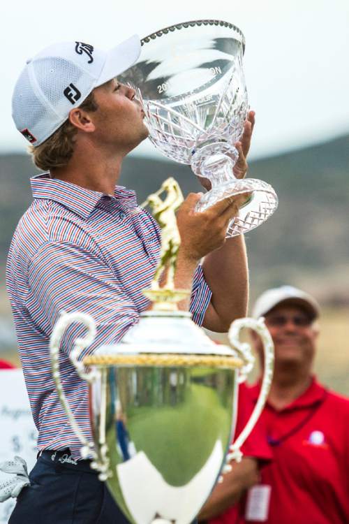 Chris Detrick  |  The Salt Lake Tribune
Patton Kizzire celebrates after winning the Web.com Utah Championship golf tournament  at Thanksgiving Point Golf Club Sunday August 2, 2015.