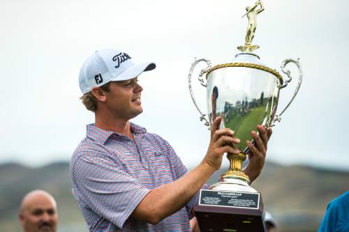 Chris Detrick  |  The Salt Lake Tribune
Patton Kizzire celebrates after winning the Web.com Utah Championship golf tournament  at Thanksgiving Point Golf Club Sunday August 2, 2015.