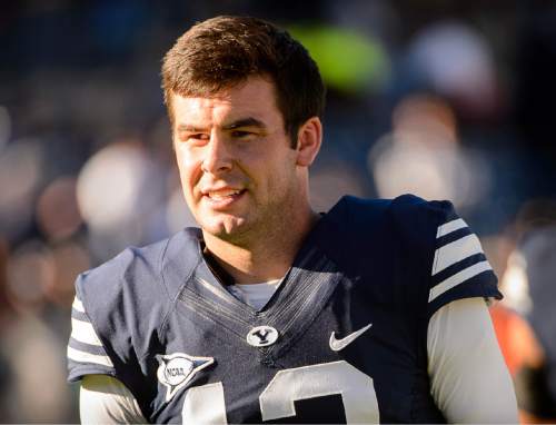 Trent Nelson  |  The Salt Lake Tribune
Brigham Young Cougars quarterback Tanner Mangum (12) after the 70-6 win as BYU hosts Wagner, NCAA football at LaVell Edwards Stadium in Provo, Saturday October 24, 2015.