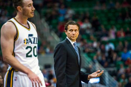 Chris Detrick  |  The Salt Lake Tribune
Utah Jazz head coach Quin Snyder talks with Utah Jazz guard Gordon Hayward (20) during the game at EnergySolutions Arena Thursday October 22, 2015.