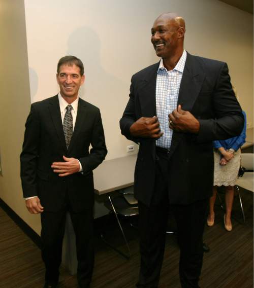 Steve Griffin | The Salt Lake Tribune


Karl Malone and John Stockton laugh together, at EnergySolutions Arena, prior to the former Jazz teammates' induction into the Utah Sports Hall Of Fame in Salt Lake City on Tuesday, Oct. 23, 2012.