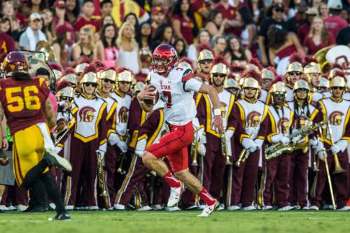 Chris Detrick  |  The Salt Lake Tribune
Utah Utes quarterback Travis Wilson (7) runs the ball during the game at the Los Angeles Memorial Coliseum Saturday October 24, 2015.