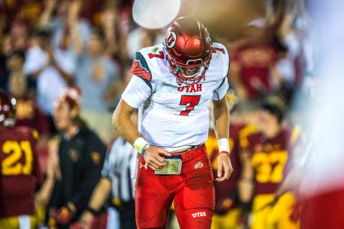 Chris Detrick  |  The Salt Lake Tribune
Utah Utes quarterback Travis Wilson (7) walks off of the field during the game at the Los Angeles Memorial Coliseum Saturday October 24, 2015.