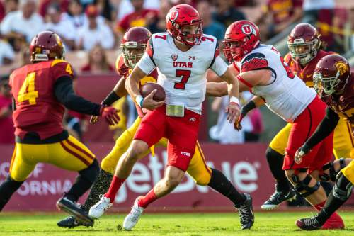 Chris Detrick  |  The Salt Lake Tribune
Utah Utes quarterback Travis Wilson (7) runs the ball during the game at the Los Angeles Memorial Coliseum Saturday October 24, 2015.