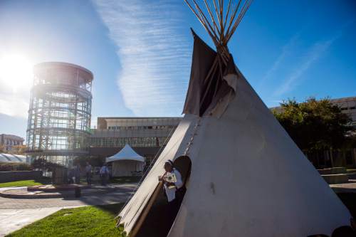 Chris Detrick  |  The Salt Lake Tribune
A tipi outside of the Calvin L. Rampton Salt Palace Convention Center during the Parliament of the World's Religions Wednesday October 14, 2015.