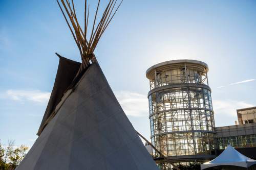 Chris Detrick  |  The Salt Lake Tribune
A tipi outside of the Calvin L. Rampton Salt Palace Convention Center during the Parliament of the World's Religions Wednesday October 14, 2015.