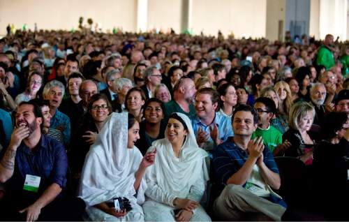 Lennie Mahler  |  The Salt Lake Tribune
People listen as Imam Malik Mujahid, chairman for the Parliament of the World's Religions, speaks during the opening plenary at the 2015 Parliament held inside the Salt Palace Convention Center on Thursday in Salt Lake City. An estimated 9500 people from 50 religions will attend the event that runs through Monday.