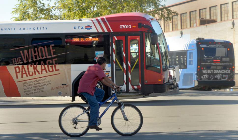Al Hartmann  |   Tribune file photo
A UTA bus leave the Salt Lake Central Station at 250 S. 600 W. in Salt Lake City in 2015. Bus drivers are receiving training aimed at increasing safety around bicycle riders.