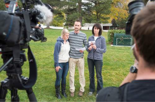 Rick Egan  |  The Salt Lake Tribune

Kallie and Brian Stolk (left) niece and nephew of Russell Reed Jacobs, make a statement about their uncle, along with Lyne Miller, (right) another relative of the family, during a press conference near the Jacobs home, Friday, October 30, 2015.