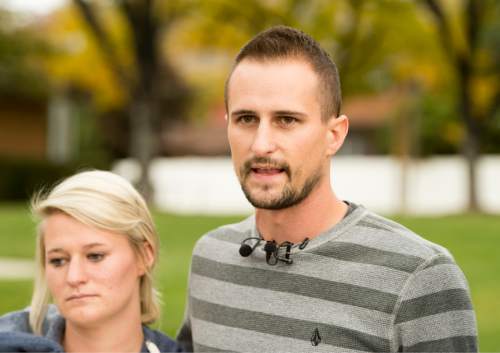 Rick Egan  |  The Salt Lake Tribune

Kallie and Brian Stolk (left) niece and nephew of Russell Reed Jacobs, make a statement about their uncle, during a press conference near the Jacobs home, Friday, October 30, 2015.