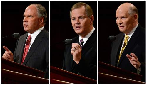 Scott Sommerdorf   |  The Salt Lake Tribune
Ronald A. Rasband, Gary E. Stevenson and Dale G. Renlund give their first speeches as members of The Quorum of the Twelve at the 185th Semiannual General Conference, Sunday, October 4, 2015.
