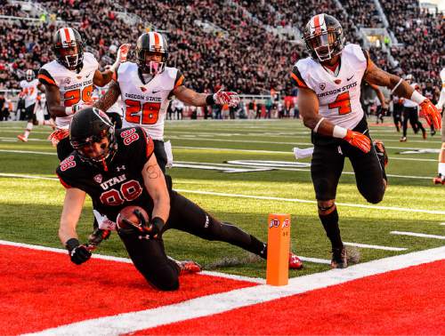Trent Nelson  |  The Salt Lake Tribune
Utah Utes tight end Harrison Handley (88) dives into the end zone for a first quarter touchdown as the University of Utah hosts Oregon State, NCAA football at Rice-Eccles Stadium in Salt Lake City, Saturday October 31, 2015.