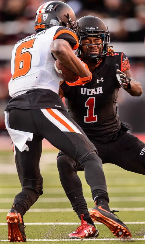 Trent Nelson  |  The Salt Lake Tribune
Utah Utes defensive back Boobie Hobbs (1) braces for impact as Oregon State Beavers wide receiver Victor Bolden (6) carries the ball, as the University of Utah hosts Oregon State, NCAA football at Rice-Eccles Stadium in Salt Lake City, Saturday October 31, 2015.