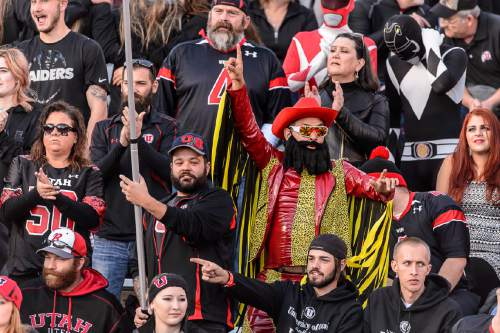 Trent Nelson  |  The Salt Lake Tribune
A fan dressed up as Randy "Macho Man" Savage as the University of Utah hosts Oregon State on Halloween, NCAA football at Rice-Eccles Stadium in Salt Lake City, Saturday October 31, 2015.