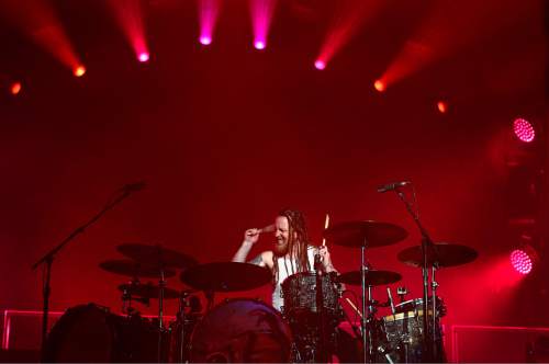 Scott Sommerdorf   |  The Salt Lake Tribune
Drummer Barry Kerch plays as Shinedown performs at The Maverik Center, Friday, October 30, 2015.